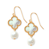 18K Gold Clover Drop Earrings with Freshwater Pearls