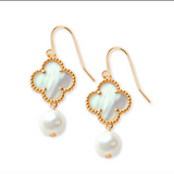 18K Gold Clover Drop Earrings with Freshwater Pearls